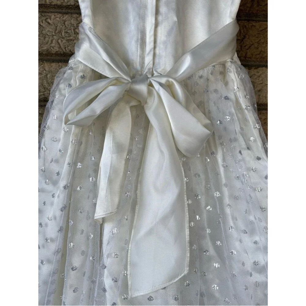 Vintage Amy Too! Byer California Girls' White Silver Satin Lace Dress Size 8